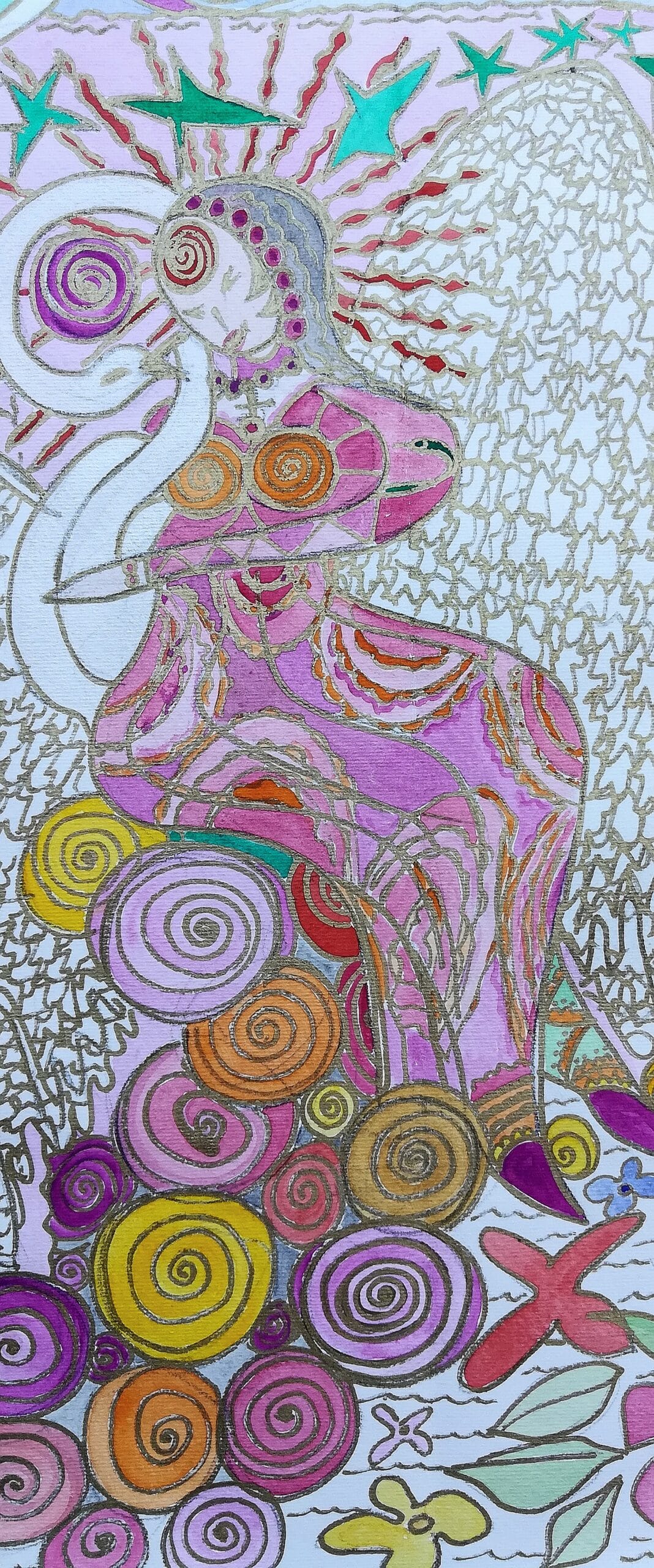 A vibrant, stylized painting of a female figure, possibly a deity or goddess, in shades of pink, purple, and gold. The figure is shown from the torso up, with a spiral-patterned body and a halo of radiating gold lines and green stars around her head. Her hair is gray, and a snake-like form is intertwined around her arm. The lower part of the painting features many colorful spirals and floral motifs on a white background.