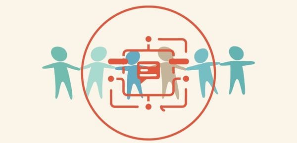 String of figures holding hands behind a sign for open strategy