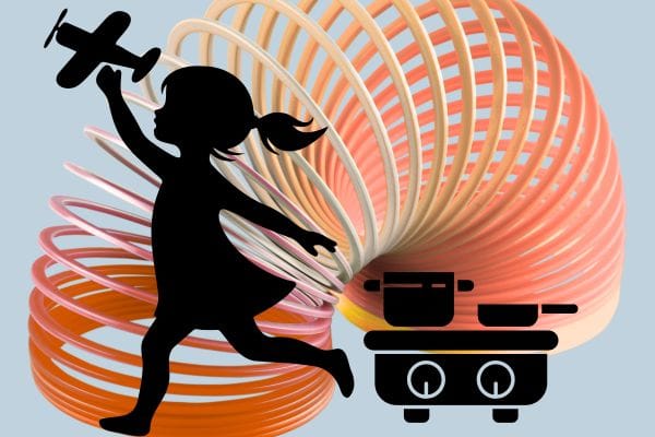 Clipart image of a orange slinky behind two smaller images, one of a small gas hotplate, and one of a large girl playing with a toy airplane