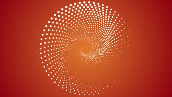 Descending spiral of white dots on a vingette background deep red at the edges and orange in the cent
