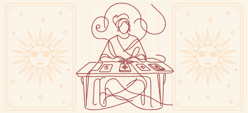 Tarot cards surround a line drawing of a woman seated at a table reading tarot.