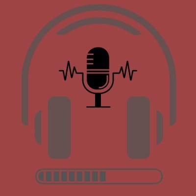 Clipart in black and gray depicting a skull made of head phones, a loading icon for a mouth, and a microphone mid-forehead.