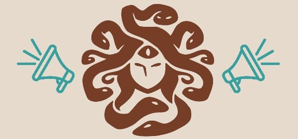 Brown, abstract Medusa flanked by turquoise bullhorns.