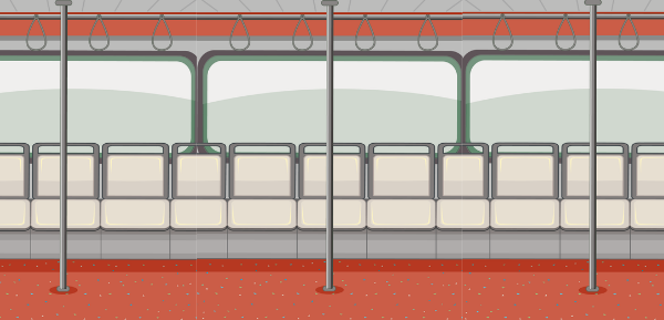 Subway interior with seats and holding poles