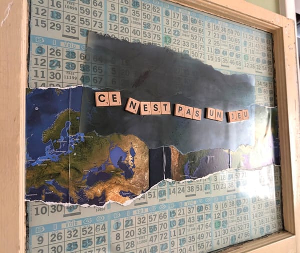 Collage of Bingo Cards with game marks and a distended map of the world showing 20 feet of sea level rise. The words This is not a game appear in Scrabble letters.