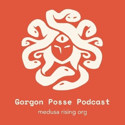 Gorgon Posse Podcast logo, Medusa in a cloud of snakes with a third eye.