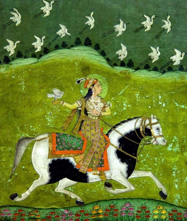 Woman in a royal sari hunting cranes with a falcon from horseback, Wikimedia Commons