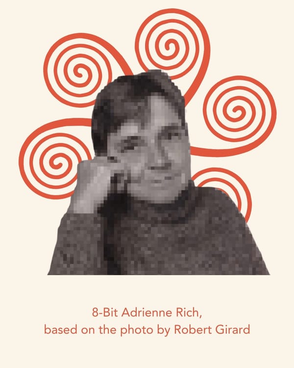 Portrait of poet Adrienne Rich in 1995 edited to appear in the 8-bit style of early digital graphics