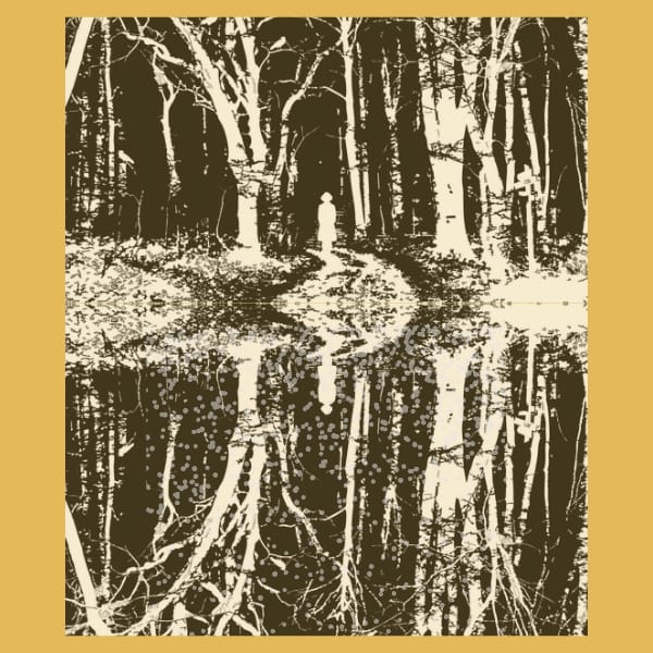 Mirror images of a girl walking a trail in the woods, the upside down image shows snow as in the Upside Down of Stranger Things