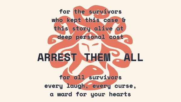 Gorgon Posse logo of Medusa's face and snakes overlaid with text: for the survivors who this case and they story alive at deep personal cost